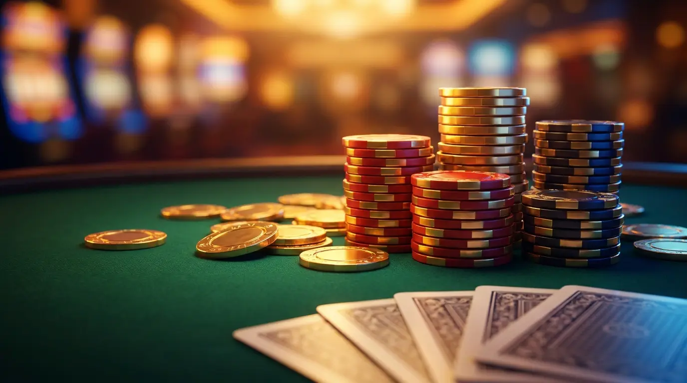 Casino chips and cards with golden coins in warm lighting
