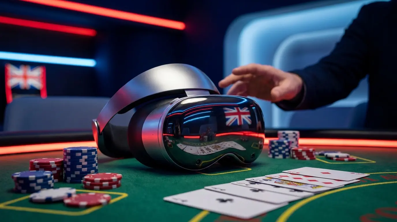 VR headset on casino table with chips and cards in neon lighting